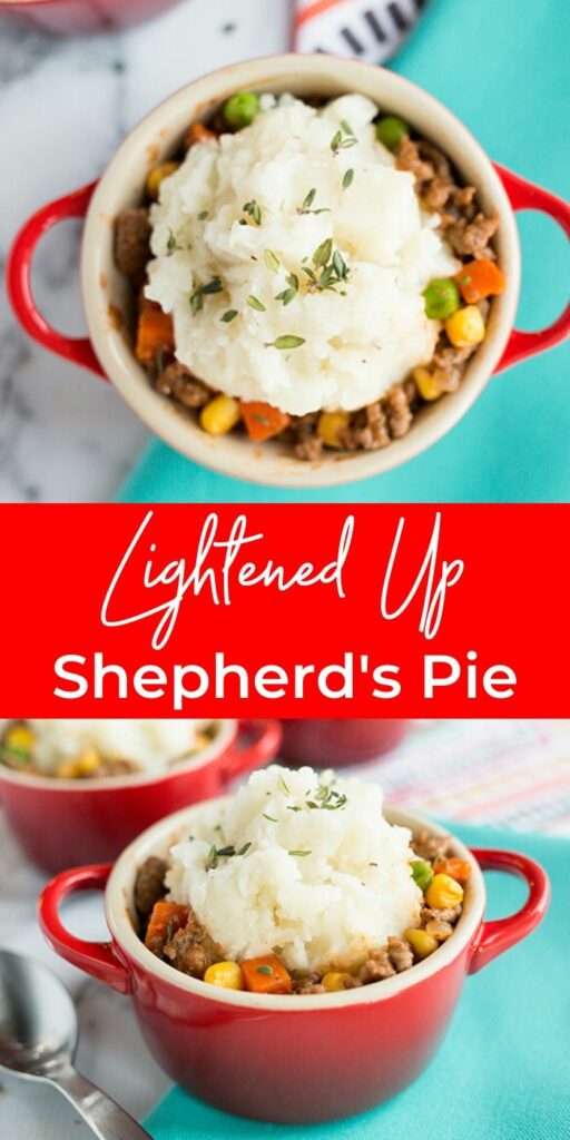 Collage picture of mini shepherds pie recipe in a red bowl