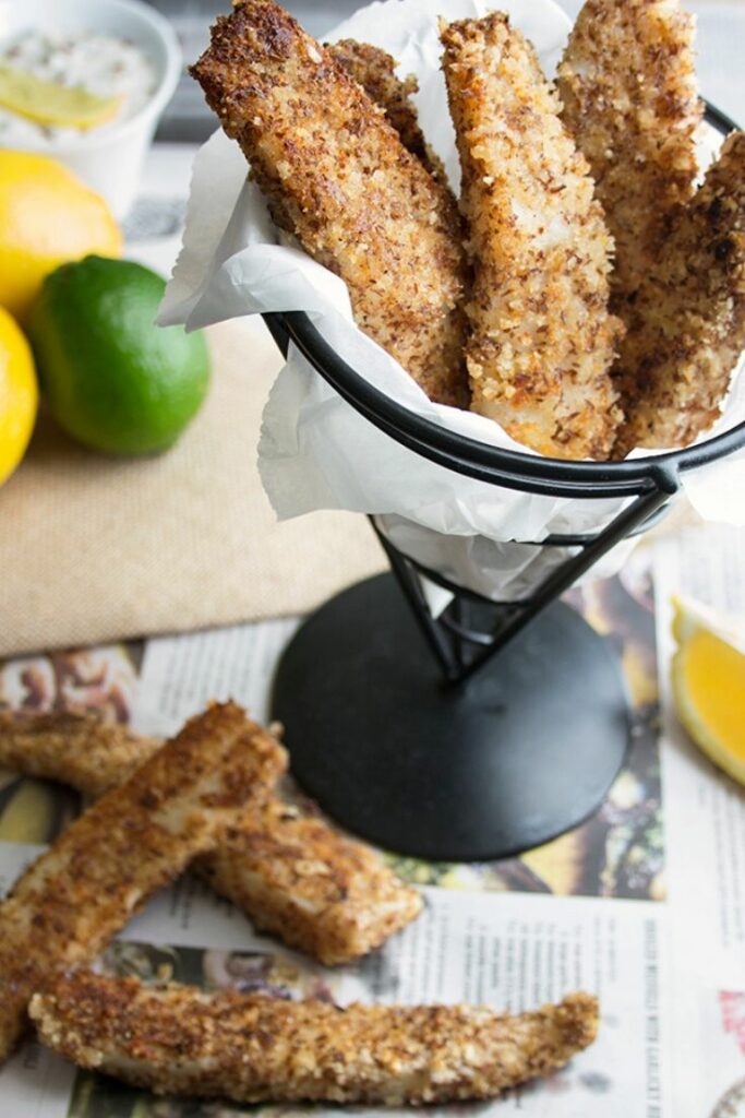 Wire cone basket filled with fish sticks