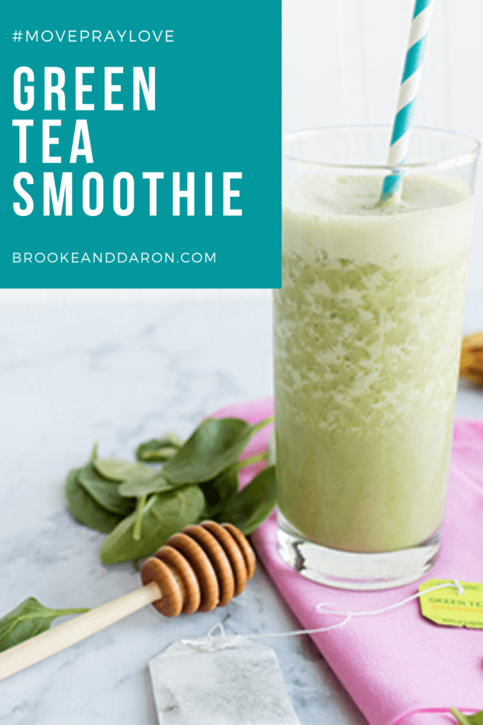 Green tea smoothie with honey next to glass