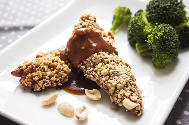 image of chipotle barbecue peanut chicken tenders with broccoli