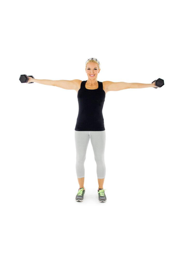 image of woman doing horizontal bicep curl in dumbbell workout routine for toned arms