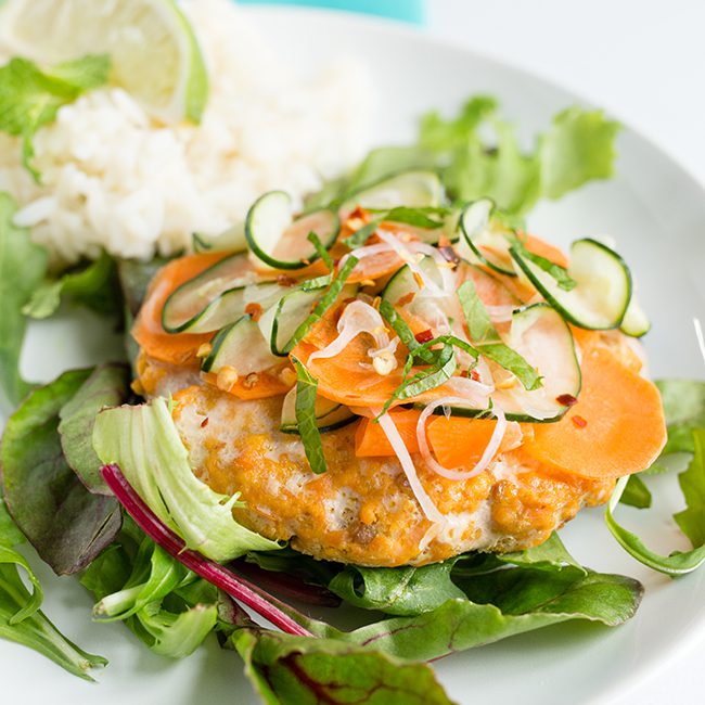 Quick Thai Salmon Burgers with Pickled Cucumber Slaw