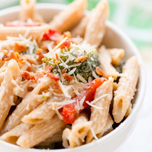 Lightened-Up Roasted Broccoli and Bacon Penne Pasta Salad