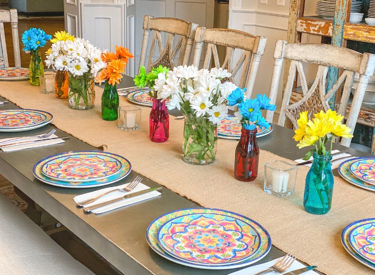 family dinner table bright flowers