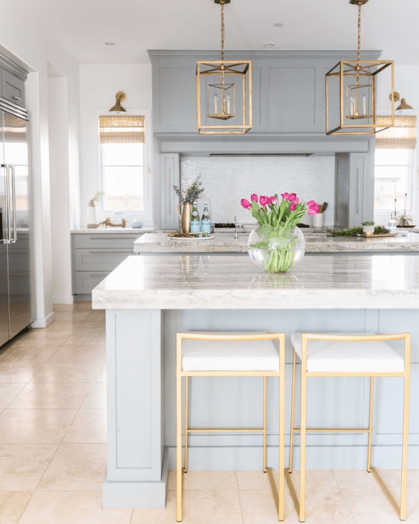 Kitchen with double island and pale blue