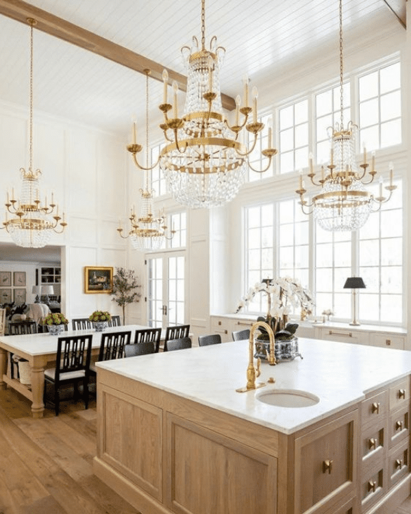 Double Kitchen Island Ideas White Kitchen and chandeliers