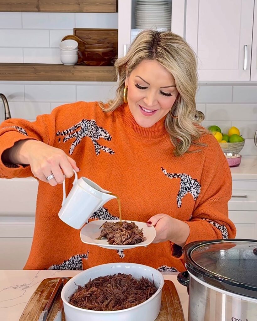 slow cooker southern pot roast recipe shredded and served with gravy